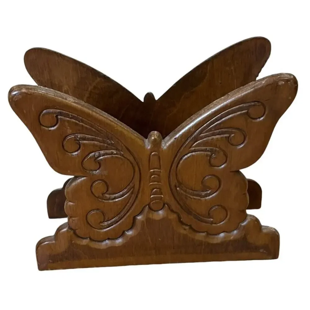 Vintage Wood Butterfly Napkin Holder Mail Sorter Carved Wooden Brown